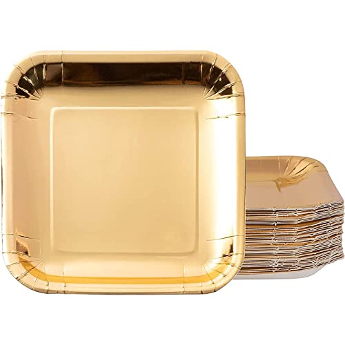 Gold Paper Plates - 48-Pack Disposable 9-Inch Square Plates For Cake, Appetizer, Dessert, Lunch, Metallic Gold Foil, Birthday Party Supplies #TOP21