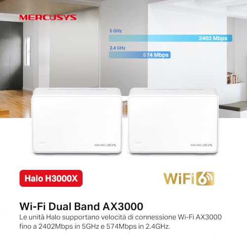 Mercusys TP-Link Halo H3000X(2-pack) WiFi 6 Mesh AX3000Mbps, 3 Porte Ethernet Gigabit, Controllo Parental, Collega Fino a 150 Dispositivi, Router e Ripetitore, 2 Pezzi con Copertura Fino a 460 ? - Powerline - Immagine 1