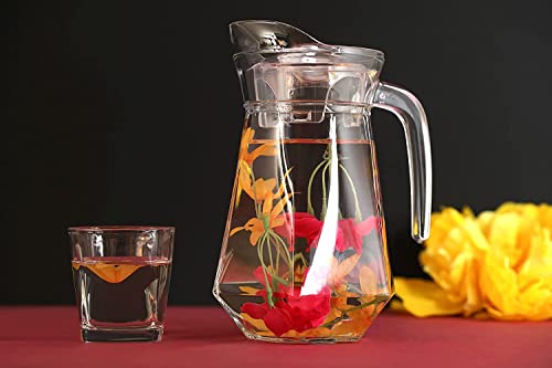 Image of Premium 1300ML Glass Water Jug with Airtight Lid & Handle | Beverage Carafe for Home Office Etc | Pitcher for Serve Juice Milk Beverage Chaas Cocktail (V Duck Pot 1.3 Liter)