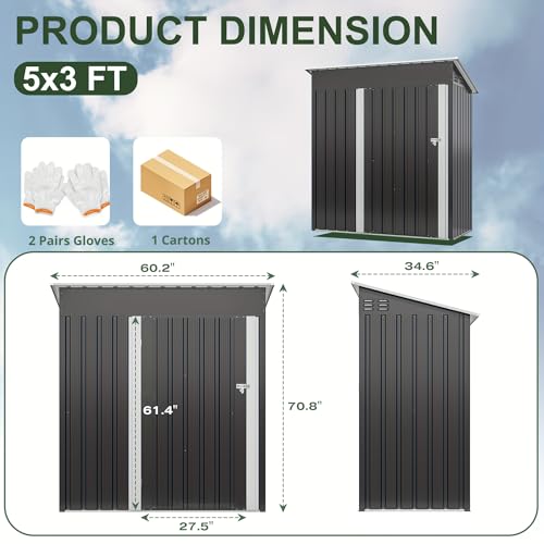 Image of AirWire 5x3 FT Outdoor Storage Shed, Garden Shed with Updated Frame Structure and Lockable Doors, Metal Tool Sheds for Backyard Garden Patio Lawn, Grey