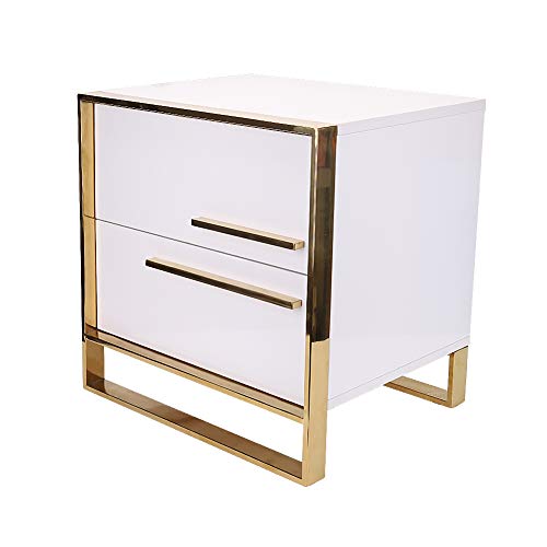 UKMASTER Mesita de Noche, Mesa Auxiliar Dormitorio, con 2 Cajones Mesilla Moderna Blanca de MDF, con Laterales de Oro para Hogar Oficina, de Tamaño 50 x 40 x 50 CM (Blanco)