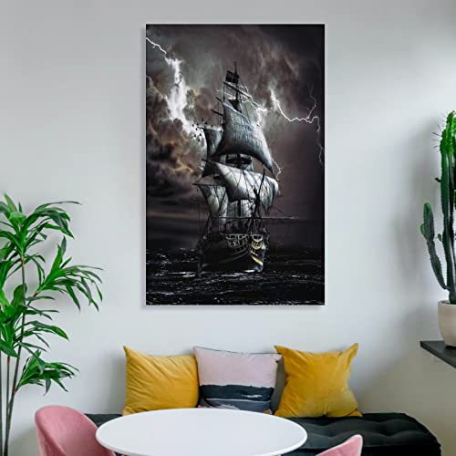 Hdydjs Stormy Pirate Ship Poster Black Sailboat Poster Canvas Painting Posters And Prints Wall Art Pictures For Living Room Bedroom Decor 16X24Inch(40X60Cm) Unframe-Style #TOP5