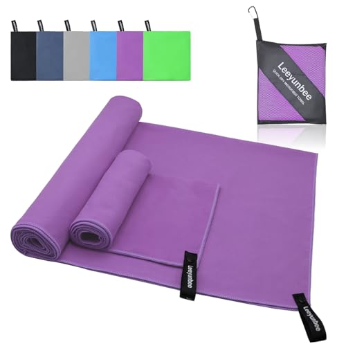 Leeyunbee Juego de 2 Toallas de Microfibra, 160 x 80 cm Toalla de Viaje y 80 x 40 cm Toalla Gimnasio, Toalla Deportiva de Secado Rápido, Toalla Microfibra Compacta para Gym, Camping y Sauna (Morado)