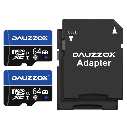 Cartes Micro SD 64Go Lot de 2, DAUZZOX Cartes Micro Mémoire MicroSDXC Full HD et 4K UHD, A1 U3 C10 UHS-I, Jusqu'à 85 Mo/s, Carte TF pour Smartphone, Caméra d'action, Enregistreur de Conduite