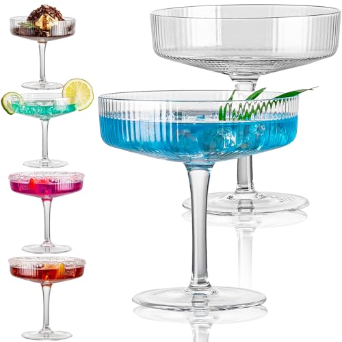 wookgreat Vintage Art Deco Coupe Glasses, Set of 4 Ribbed Coupe Cocktail Glasses, 8 oz Classic Martini Glasses, Elegant Hand Blown Manhattan Goblet for Bar, Martini, Cosmopolitan, Gimlet, Pisco Sour
