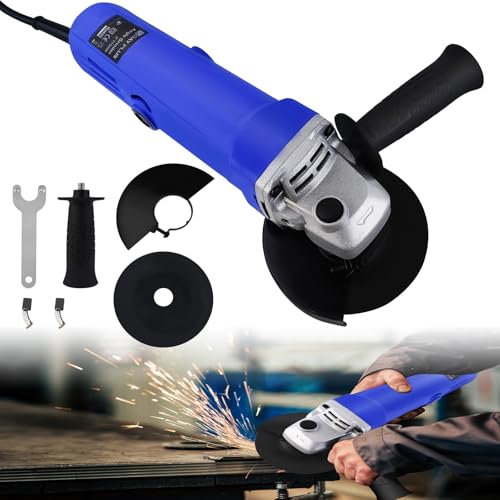 Amoladora angular 900W, disco de 115mm-ø, protector de disco, 12000 rpm de velocidad, Con protección antiarranque, carcasa protectora y empuñadura lateral multiposición para cortar, amolar y pulir.