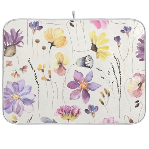 Alfombrilla de secado de platos sin costuras estilo herbario floral para cocina, drenaje mate, resistente al calor, 18 x 24 pulgadas