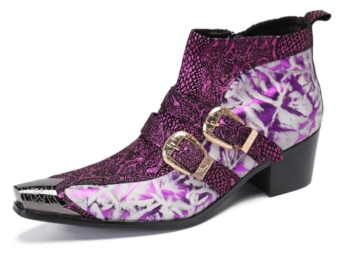 Santimon Mens Chelsea Boots Casual Dress Genuine Leather Double Buckle Ankle Western Boots Metal Wingtip Zipper Fashion Party Ballroom Rock Singer Cowboy Boots for Men Boy