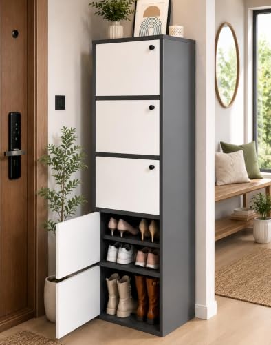 Image of EXVITO Modern Tall Shoe Cabinet, Wooden Flip Door Shoe Storage Cabinet, 4-Door Narrow Entryway Shoe Organizer with Multi-Tier Shelves, Space Saving Shoe Rack for Hallway, (Black-White, 5 Door)