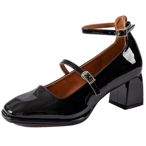 YIYA Women's Mary Jane Heels Square Toe Chunky Block Heel Ankle Buckle Strap Patent Leather Work Dress Pumps Shoes