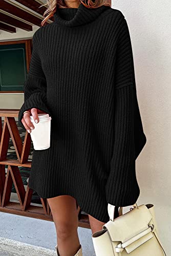 Lillusory Womens Black Turtleneck Oversized Long Batwing Sleeve Sweater Dresses Plus Size Chunky Casual Ribbed Knit Dress #TOP1