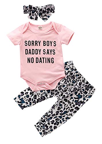 Newborn Infant Baby Girls Clothes Daddy Saying Top Printed T-Shirt Leopard Pants+Headband Sweatshirt Outfit Set (6-12 Months, Pink)