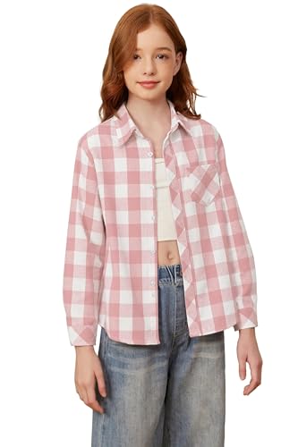 SANGTREE Mommy and Me Outfits Girls Plaid Shirts Button Down Long Sleeve Flannel Shirts for Girls Pink White Plaid, 5-6 Years = Tag 130