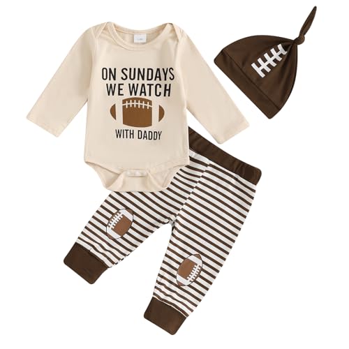 Muasaaluxi Newborn Baby Boy Football Outfit On Sundays We Watch Football with Daddy Romper Stripe Long Pants Hat Set (Khaki, 6-12 Months)