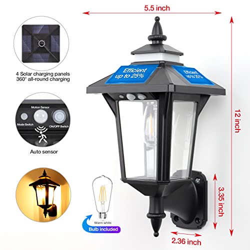 Dreamcolor Solar Wall Light With 4 Solar Panels,Dusk To Dawn Porch Light,Motion Sensor Security Wall Lanterns Outdoor Decorative With 3 Lighting Modes,Warm White Wall Mounted Light Fixture Waterproof #TOP1