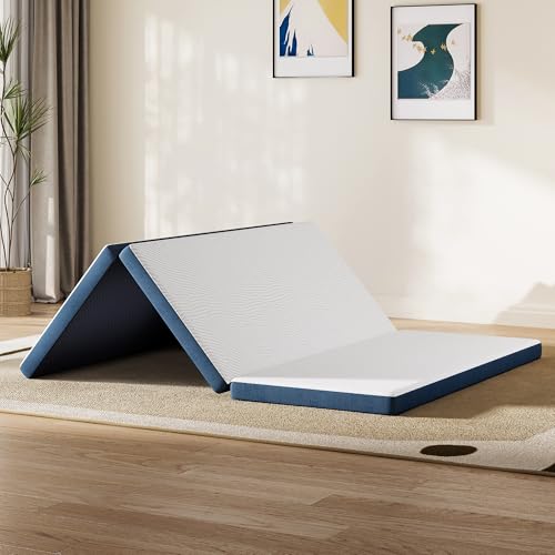 LINSY LIVING Foldable Mattress Single Size 3 Inch Gel Memory Foam Trifold Portable Mattress with Removable Washable Tencel Cover Folding Travel Sleeping Pad 74”L*25”W*3”H White