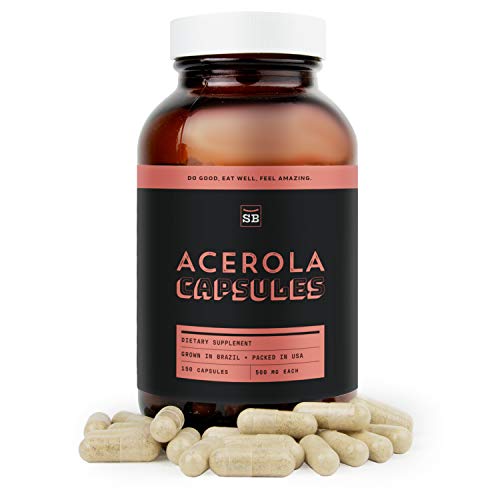 SB Organics Acerola Cherry Capsules - 150 ct Non-GMO Vegan Supplement Made of Pure Acerola Pulp Powder from Brazil - Rich in Vitamin C and Antioxidants
