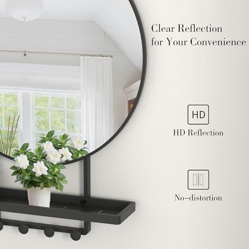 Image of BEAUTME Wall Mirror with Shelf and Hooks, 32x22 Inch Metal Framed Round Bathroom Mirrors with Shelf, Modern Farmhouse Wall Decor for Living Room Bedroom Entryway, Vertical (Black)