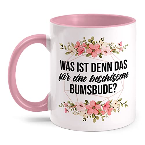 Fashionalarm Taza con texto en alemán 'Was ist denn das für eine Bumsbude von beidseitig Bebedruckt mit lustgem Spruch & Blumen Motiv als GeschenkIdee für Freunde, Rosa 330ml