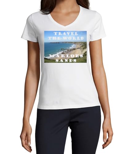 T-shirt col en V blanc pour femme en coton Marloes Sands Pembrokeshire taille S