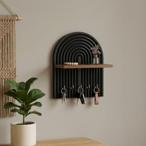 Image of Home Sparkle Wall Mounted Key Holder for Home Entrance with Shelf | Premium MDF Wood Organizer with Paint Finish | Modern Key Hanger Rack with 5 Hooks for Keys & Daily Essentials | Black & Walnut