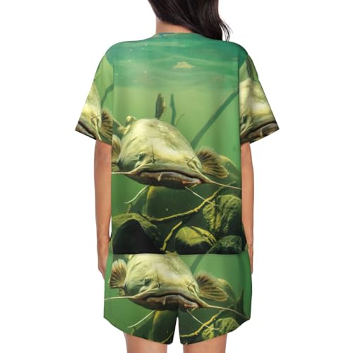 Ensemble de pyjama 2 pièces pour femme imprimé poisson-chat col rond