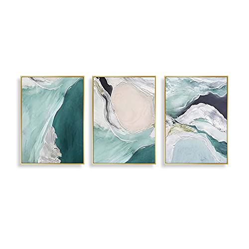 Toile triptyque vague de mer art abstrait vert pour salon 60x90cm x3