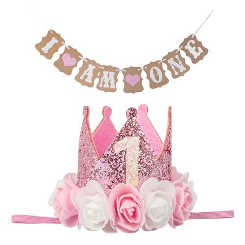 KufaerBeam First Birthday Crown Hat and Flag for Baby Girls, 1st Birthday Crown Hat Decorations with Cute Floral, Headband Gift Photo Prop for Baby Parties (Pink)