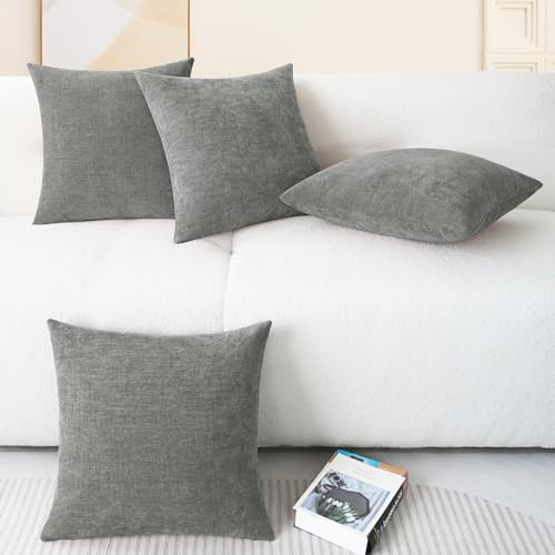 Image of CaliTime Throw Pillow Covers Decorative 18 X 18 Inches Pack of 4 Cozy Chenille Cushion Cases for Couch Sofa Bed Living Room Home Medium Grey