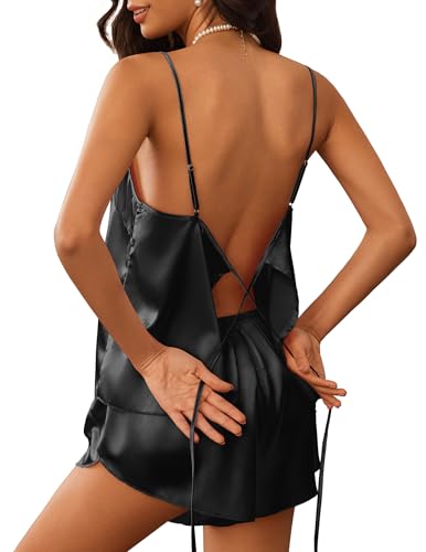 Ekouaer Womens Satin Pajamas Set Tie Back Silk Pjs Adjustable Lingerie Cami Top and Shorts Nightwear Sets Black S