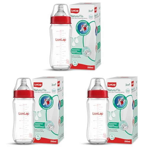 Image of LuvLap Natura Flo Wide Neck Glass Feeding Bottle, New Born /Infants /Toddler Upto 3 Years, BPA Free, Ergonomic Shape is Easy to Hold, with Anti Colic Nipple, 250ml (Pack of 3)