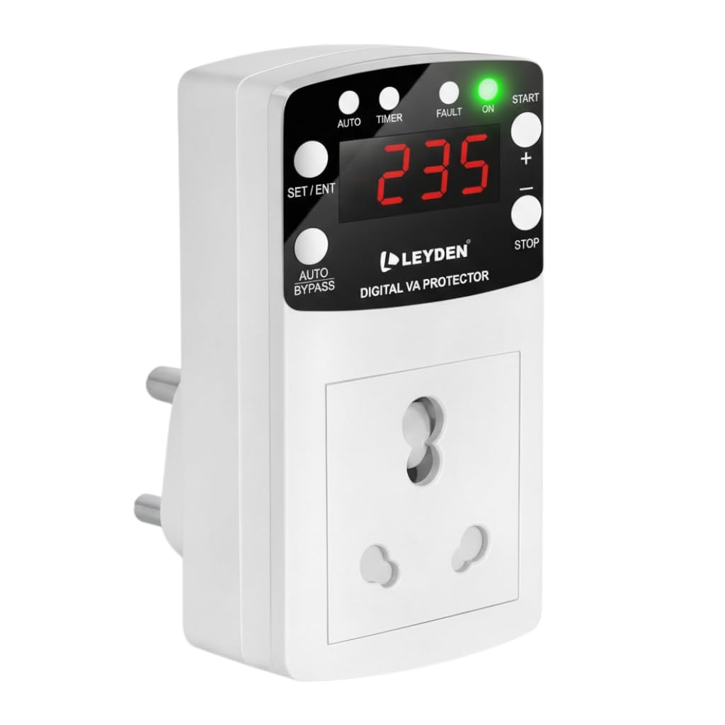 LEYDEN LE-VAP 16A, 220VAC Under Over Voltage Protection Plug, Over Current & Dry Run Protection, Off & Cyclic Timer (1-999 min), 4000V Surge Protector for AC, Pump, Freezer, Geyser-image-1