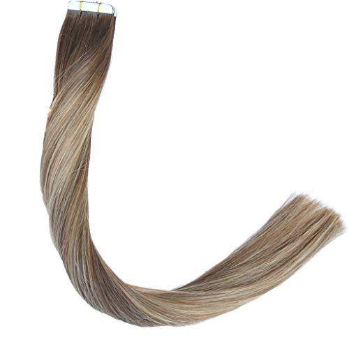 KOCONI 22 inch Tape in extensions Remy Human Hair Ombre Brown to Blonde Highlights #4/27 Real Hair Extensions (22", 4-27P4)