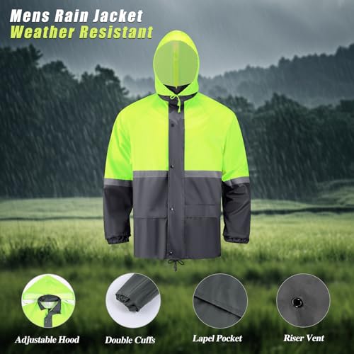 Image of Men's Lightweight Waterproof Rain Suit - Reflective Jacket & Pants with Hood for Outdoor Work, Fishing, Hiking