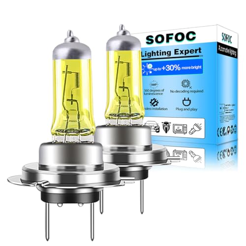SOFOC-H7 Faros Antiniebla Ultra Brillantes PX26D Bombilla Reemplazo Corto/Largo Alcance 12V 100W Amarillo No Polaridad 2Pzs
