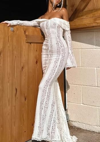 Women Elegant Off Shoulder Lace Bodycon Maxi Dress Bell Sleeve Mesh Sheer Mermaid Wedding Party Dress2