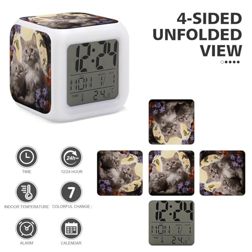 Reloj despertador digital de gato con luz LED y 7 colores intercambiables 4