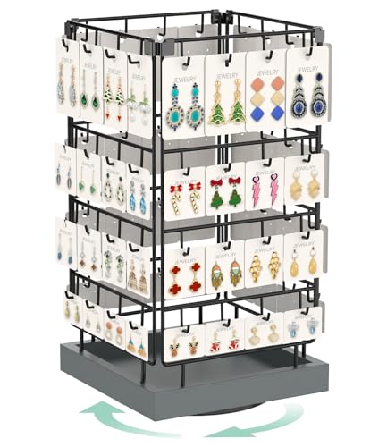 Image of EsLuker.ly Rotating Earring Display Holder Stand for Vendors Events Selling, Large Capacity 64 Hooks Jewelry Rack with Wooden Base for Earring Card Sales, Enhances Retail Visibility(Dark Grey)