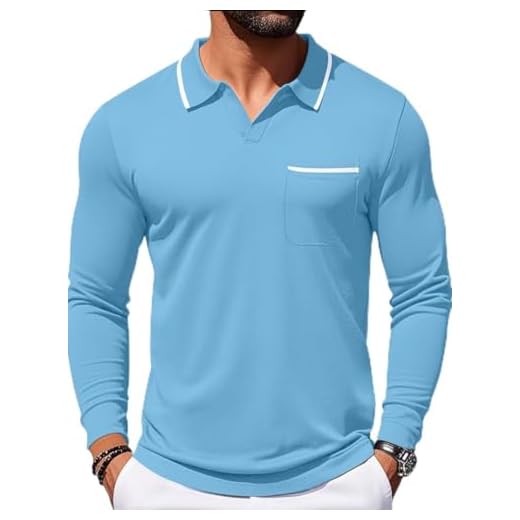 Aulemen Camisa polo masculina gola V manga longa casual gola V camisetas modernas de golfe com bolso, Azul claro, 3G