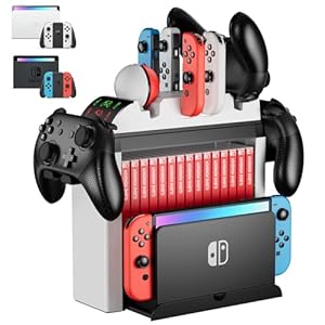 Switch Organizer with Controller Charging Station, ZAONOOL Charger Stand for Nintendo Switch & OLED Joycon, Pro Controller, Accessories Storage Tower for Games, TV Dock