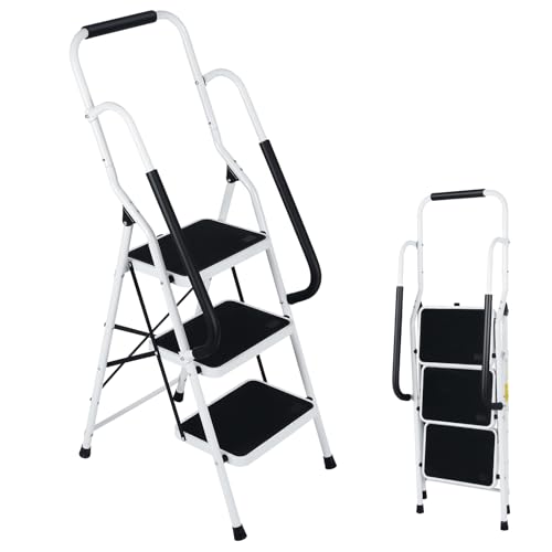 Step Ladder 3 Step Folding with Handrails Folding Step Stool with Wide Anti-Slip Pedal Sturdy Steel Portable Ladder Lightweight Step Stool Foldable for Library Home Garage Office