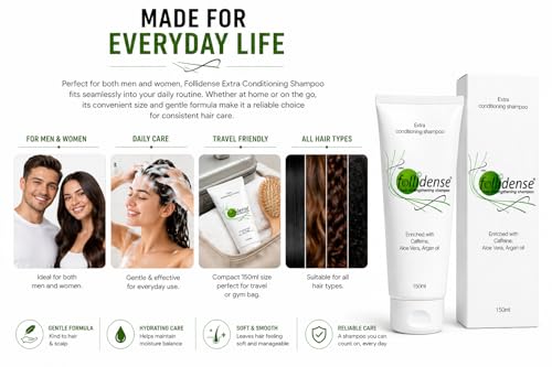 Image of Follidense Hair Strengthening Shampoo 150ml | Extra Conditioning Formula with Caffeine, Aloe Vera & Argan Oil | Nourishing Daily Care for Smooth, Healthy-Looking Hair | Suitable for Men & Women