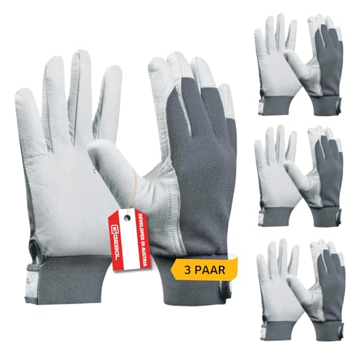 Gebol Uni Fit Comfort 3 Paar Arbeitshandschuhe aus hochwertigem Leder Handschuhe Herren für Bau Mechanik & Garten elastischer Bund & Klettverschluss Sicherheitshandschuhe Gr. XL/10 Weiß/Grau