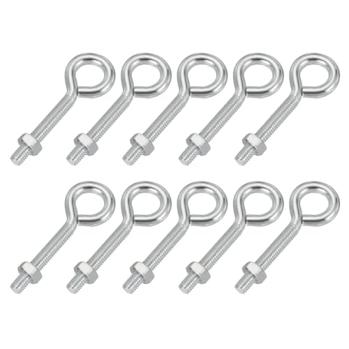 Image of PATIKIL M6x40mm Eye Bolts, 10 Pcs Carbon Steel Threaded Eyebolt Eye Hooks Screws with Nut for Hanging or Securing Cables Silver