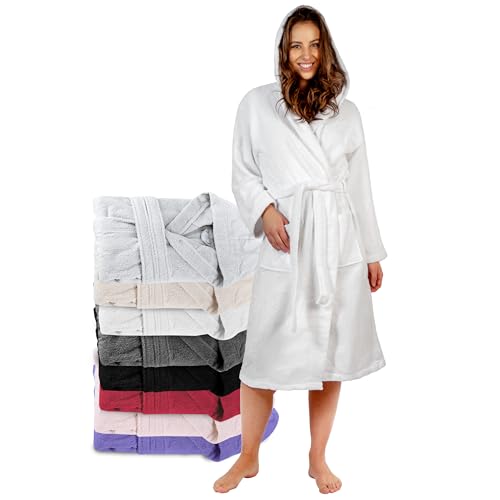 Twinzen Peignoir de Bain Femme - M - Blanc - 100% Coton avec Capuche - Certifié OEKO-TEX® - Robe de Chambre Eponge 2 Poches, Ceinture - Doux, Absorbant et...