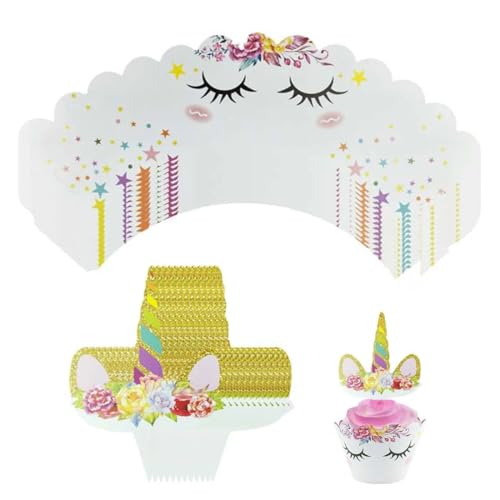 JAWUZ Cupcake Topper Wrapper,24 Set Unicorn Cupcake Toppers Cupcake Wraps Decoracion Tarta Unicornio,Para Party Supplies Cake Decorations Niños Niñas Regalo De Fiesta De Cumpleaños
