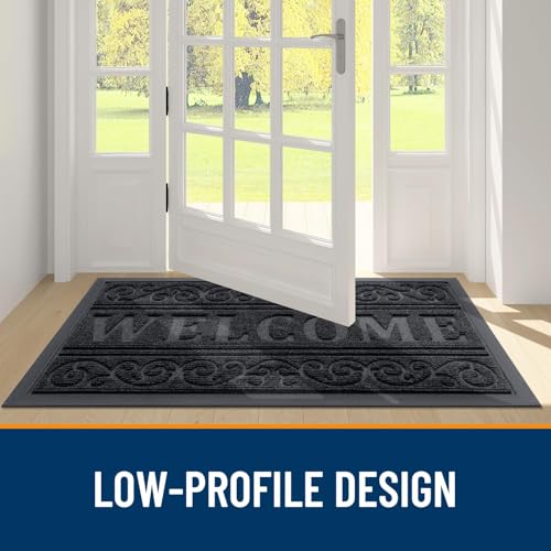 Image of OLANLY Welcome Door Mat Indoor Outdoor Entrance, Heavy Duty Sturdy Front Door Mat, Waterproof All-Weather Doormat, Stain Resistant, Low Profile, Easy Clean Patio Entryway Mat, 59 x 35, Black