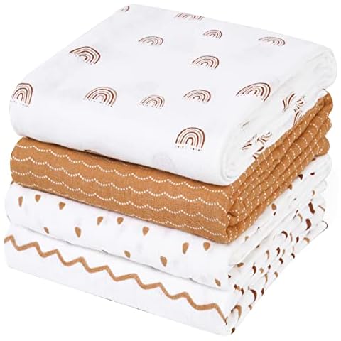 david's kids 4 Pack Baby Muslin Swaddle Blankets, 100% Cotton Swaddling Blankets Wrap for Boys Girls Neutral, Ultra Soft Breathable Receiving Blanket, New Born Essentials, Rainbow/Wave Cover