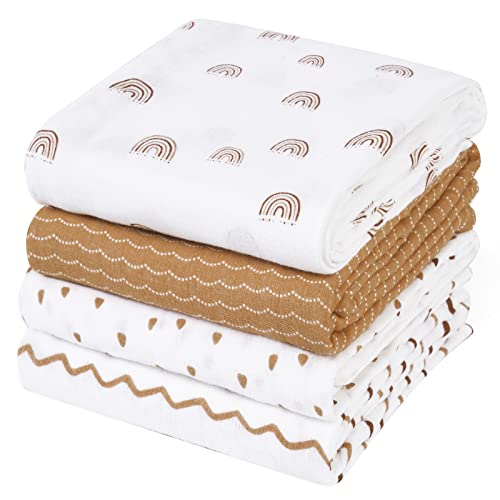 Image of david's kids 4 Pack Baby Muslin Swaddle Blankets, 100% Cotton Swaddling Blankets Wrap for Boys Girls Neutral, Ultra Soft Breathable Receiving Blanket, New Born Essentials, Rainbow/Wave