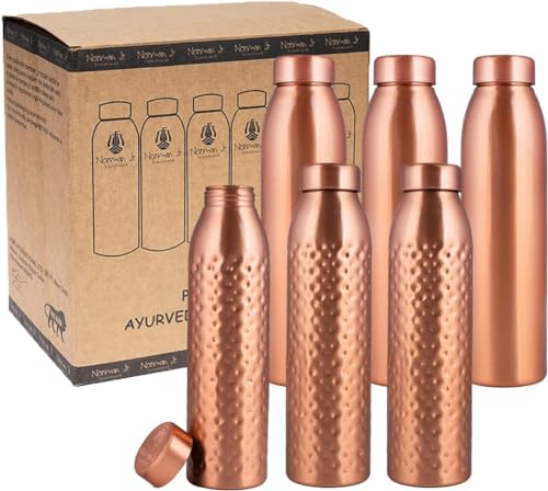 Image of NORMAN JR, Copper Water Bottle 1L - Gift Box of 6, Plain 3, Hammered 3, an Ayurvedic vessel made of pure copper - helps you drink more water with many health benefits